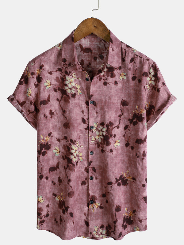 Breathable, Short-Sleeved, Button-Down Men's Cotton Shirt With Vintage Floral Pattern