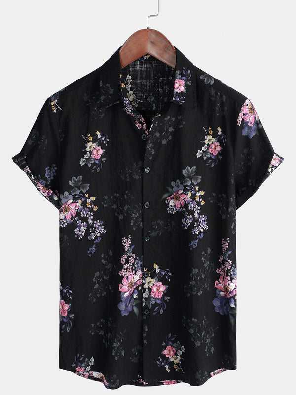 Men's Short-Sleeved Cotton Shirt With Floral Print And Vintage-Style Buttons