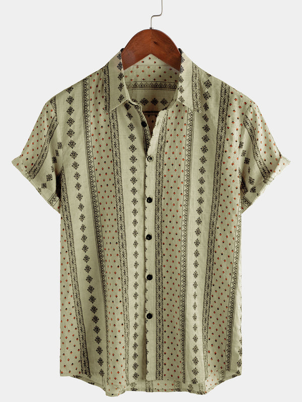 Men's Retro Khaki Striped Button-Down Shirt 70S Vintage Short Sleeve