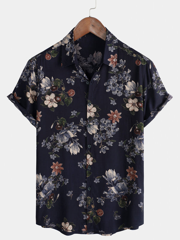 Men's Vintage Navy Blue Holiday Summer Floral Beach Rayon Short Sleeve Shirt