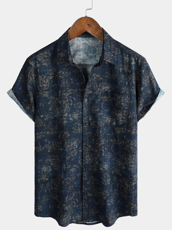 Men's Summer Retro Floral Print Pocket Short Sleeve Shirt