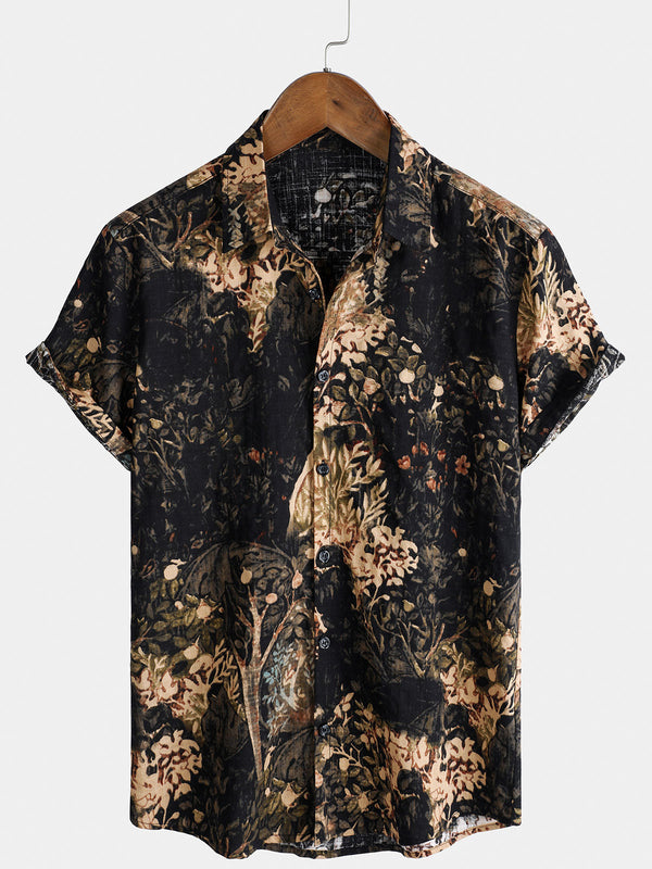 Men's Summer Shirt With Retro Plant Pattern And Buttons, Short Sleeves