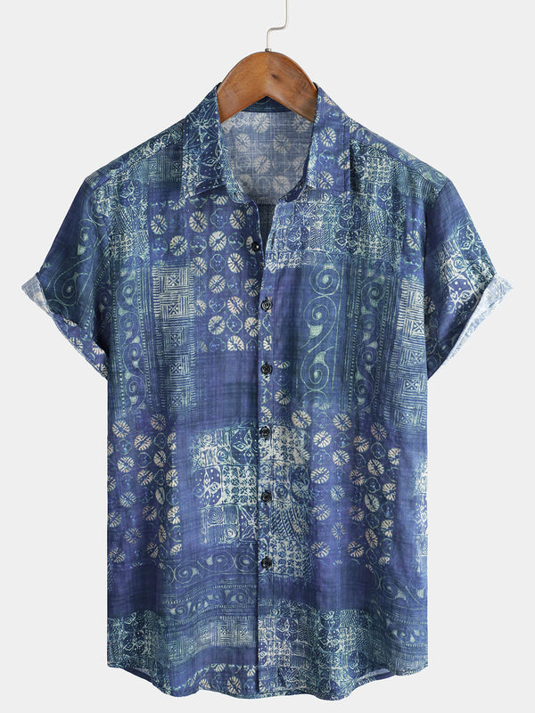 Blue Vintage Beach Summer Shirt With Short Sleeves For Men