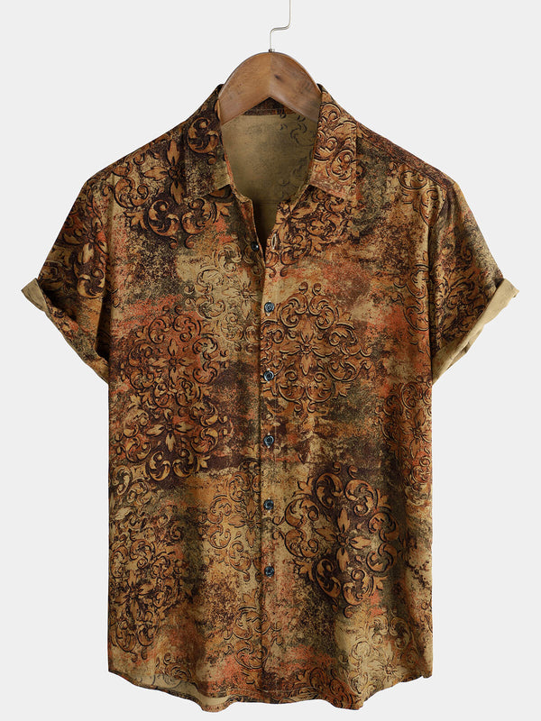 Men's Casual Vintage Rayon Button-Down Shirt In Vintage Style, Short Sleeve