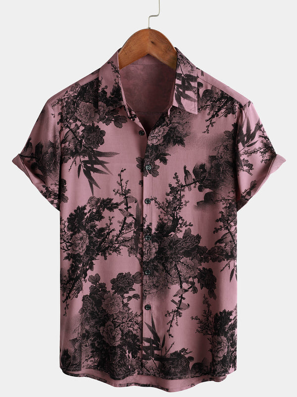Men's Bamboo Floral Short-Sleeved Hawaiian Viscose Pink Button-Down Shirt, Cool Summer Design