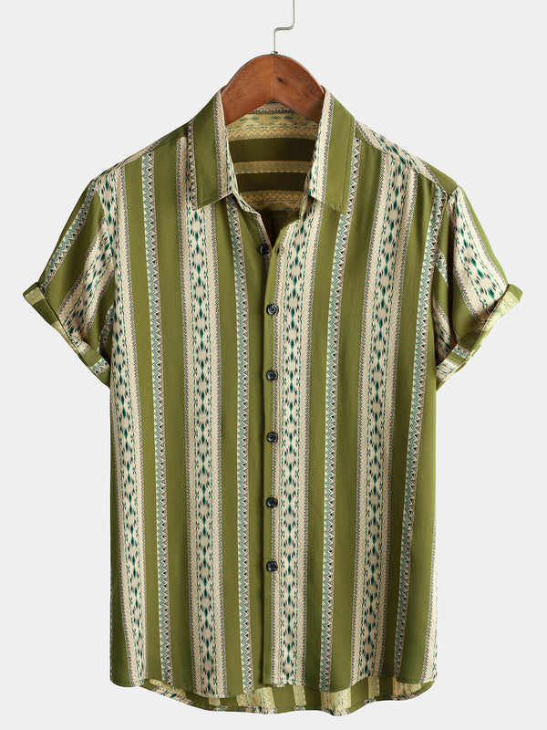 Green Striped Vintage Retro Shirt With Short Sleeves And 70S Style Aztec Pattern With Western Buttons