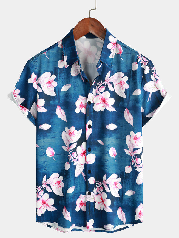 Men's Short Sleeve Floral Button Down Resort Summer Shirt With Casual Lapel, Navy Blue