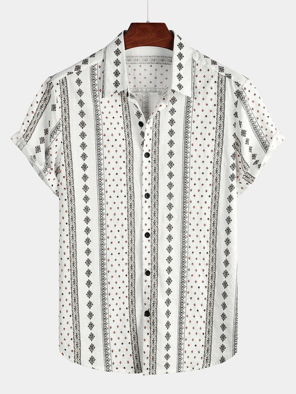 Men's 70S Style White Retro Short Sleeve Button Down Cotton Shirts