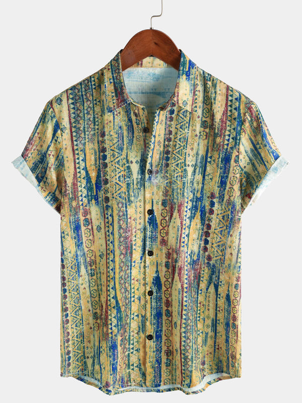 Men's Short-Sleeved Shirt With Retro Stripes In Yellow And Button Placket