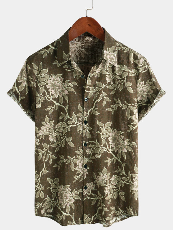 Men's Vintage Floral Brown Casual Holiday Short Sleeve Shirt