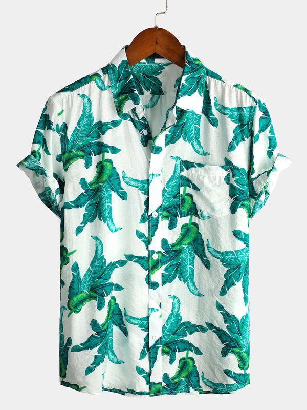 Men's Cotton Shirt With Tropical Leaf Motif For Vacation
