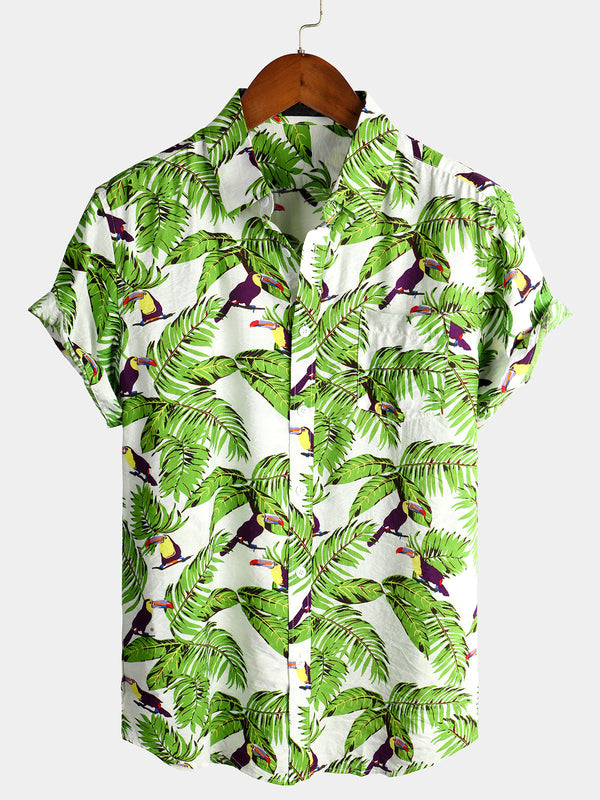 Men's Short-Sleeved Cotton Shirt With Animal Holiday Tropical Pocket