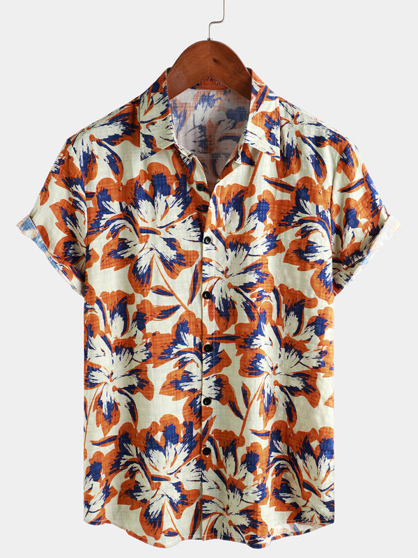 Men's Shirt With Retro Floral Pattern In Orange, Short Sleeves And Buttons