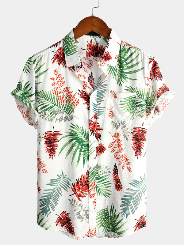 Men's Casual Shirt With Tropical Leaf Print And Pocket
