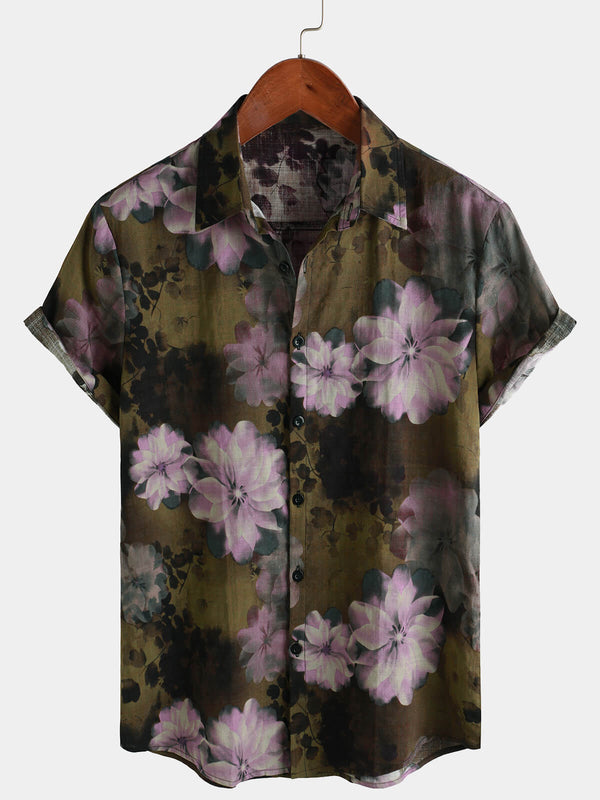 Men's Retro Style Short Sleeve Button Down Shirt With Floral Pattern In Pink