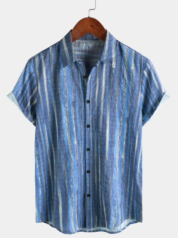 Men's Blue Striped Retro Style Holiday Short Sleeve Shirt