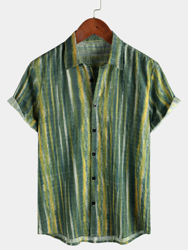 Men's Retro Shirt With Green Stripes And Short Sleeves