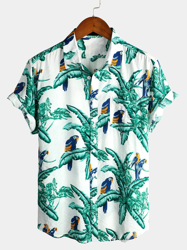 Men's Cotton Shirt With Animal Holiday Tropical Print And Short Sleeves