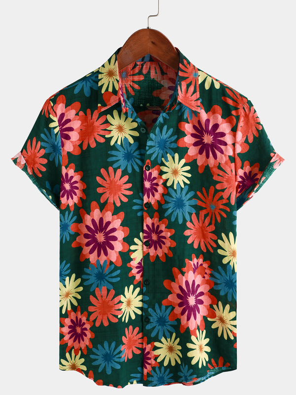 Men's Retro Daisy Beach Style Button-Down Short-Sleeved Shirt