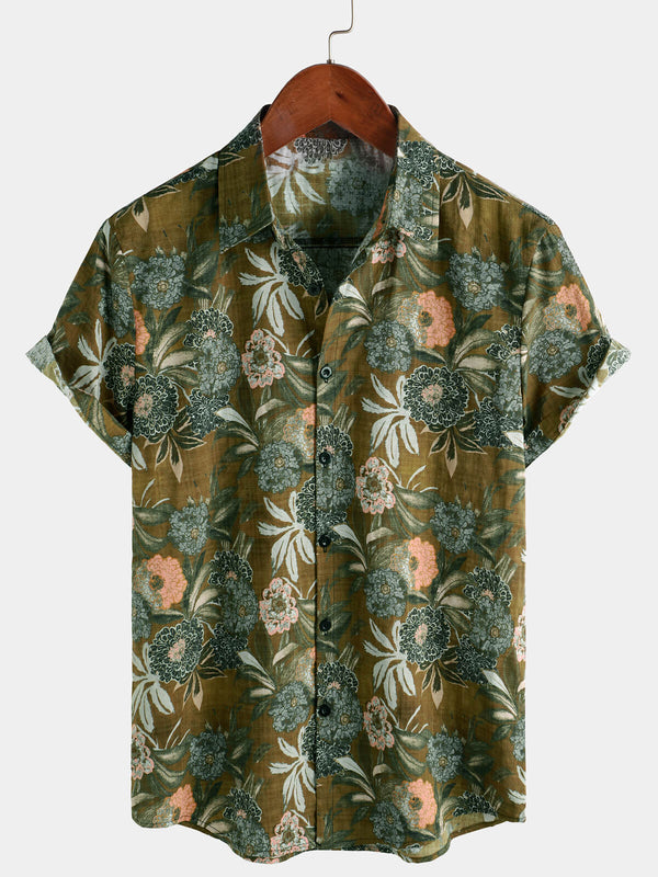 Men's Short-Sleeved Shirt With Retro Floral Pattern And Buttons