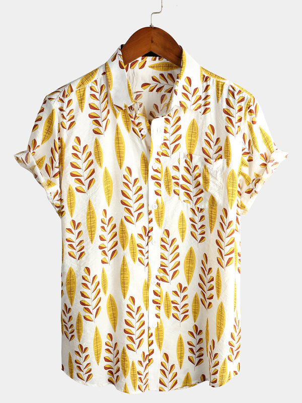 Men's Yellow Short-Sleeved Holiday Cotton Shirt