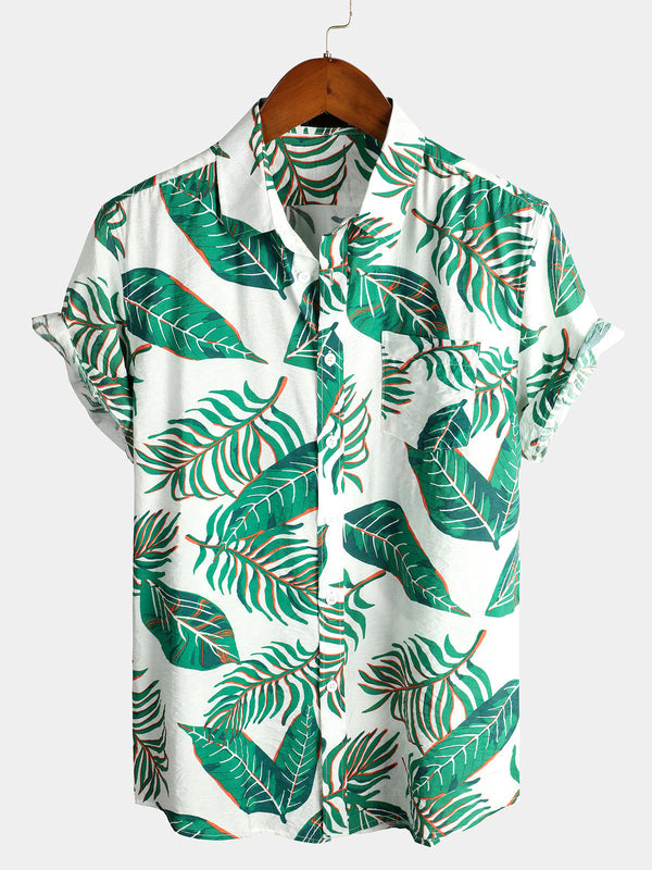 Men's Cotton Holiday Shirt With Tropical Leaf Print And Pocket