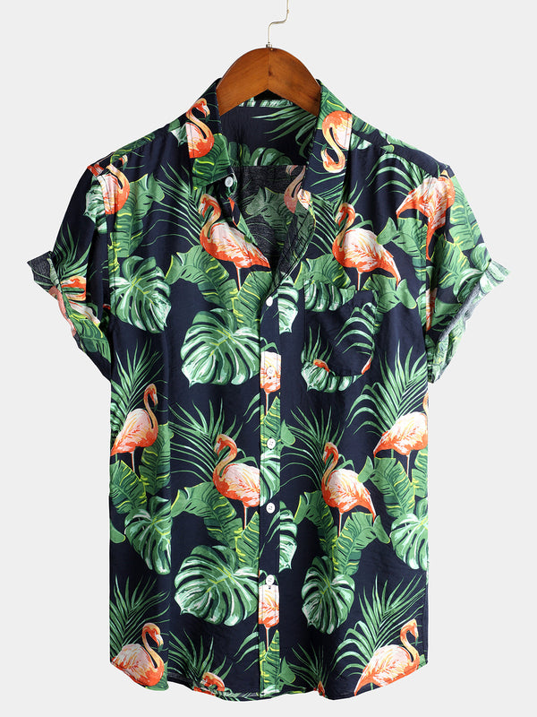 Men’S Short-Sleeved Cotton Shirt “Holiday Flamingo”.