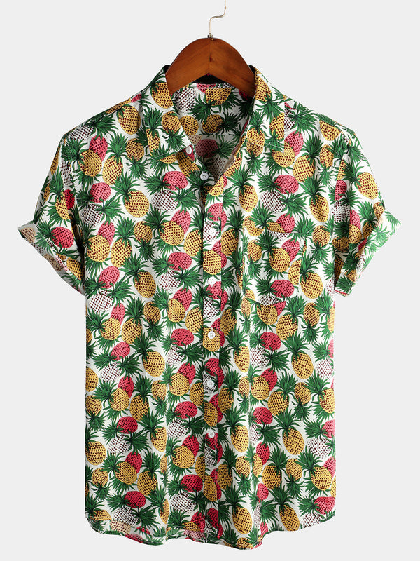 Men's Short-Sleeved Cotton Shirt With Tropical Pineapple Pockets For Vacation