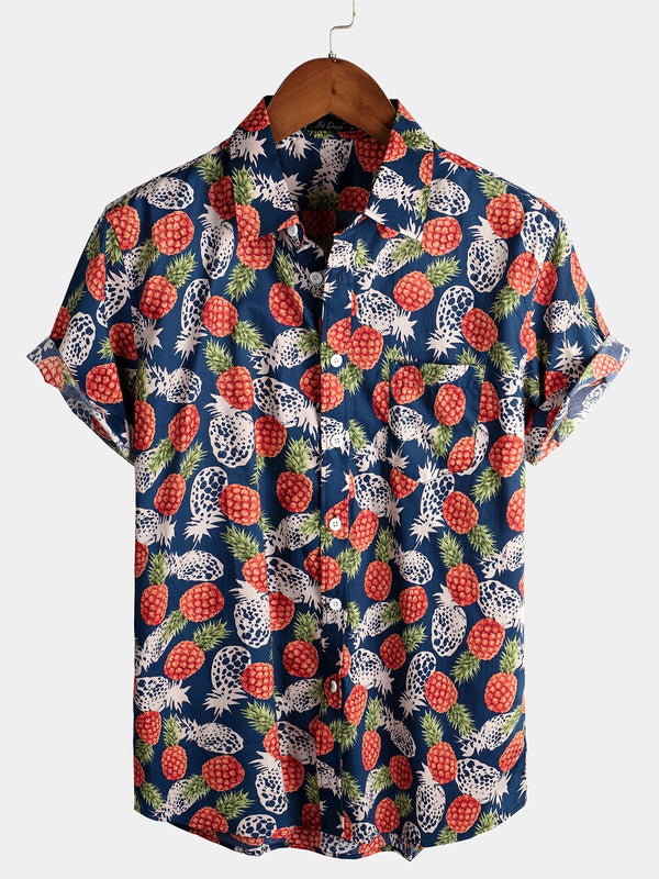 Men's Cotton Shirt With Tropical Pineapple Pockets For Vacation