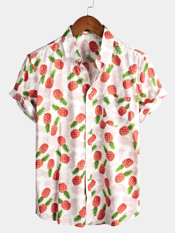 Men's Cotton Shirt With Tropical Pineapple Pockets For Vacation