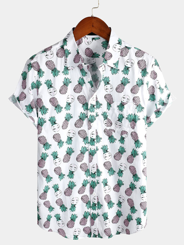 Men's Cotton Shirt With Tropical Pineapple Pockets For Vacation