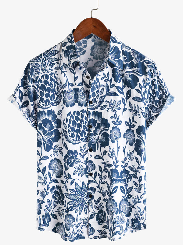 Men's Casual Vintage Beach Floral Print Breathable Cotton Short Sleeve Shirt