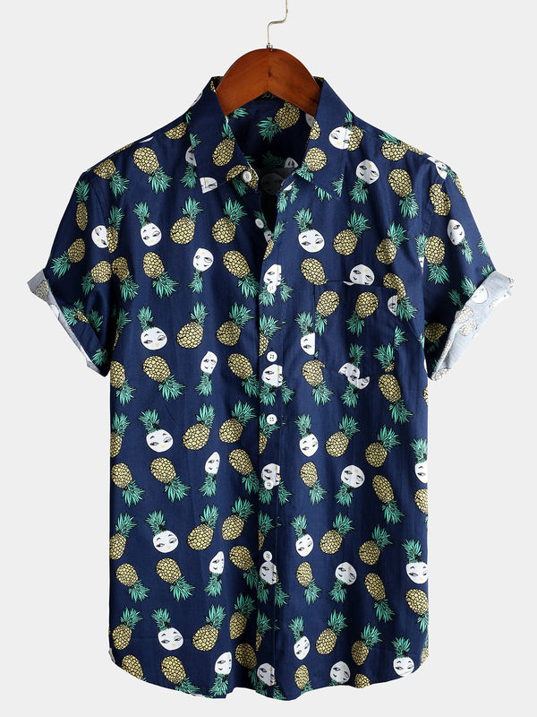 Men's Hawaiian Cotton Shirt With Pockets With Pineapple Print
