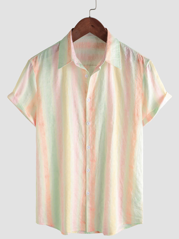 Men's Retro Shirt With Colorful Stripes And Buttons For Vacation, Casual, Short Sleeve