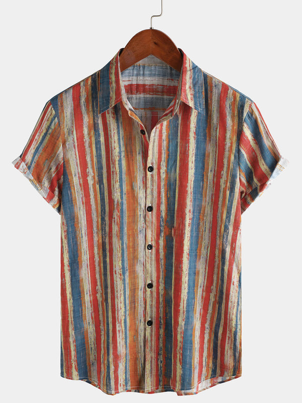Men's Casual Multi-Colored Striped Retro Shirt With Short Sleeves And Buttons For Vacation