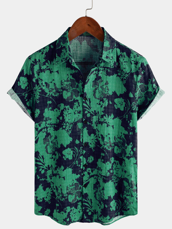 Men's Vintage Green Floral Casual Short Sleeve Shirt