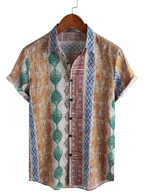 Men's Short-Sleeved Shirt With Retro Stripe Print And Buttons For Vacation
