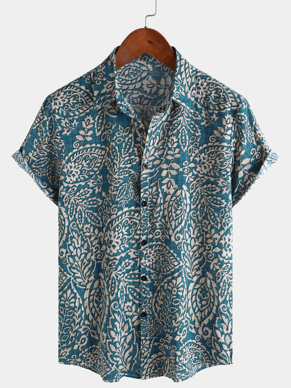 Men's Retro Print Casual Short Sleeve Button-Up Shirt