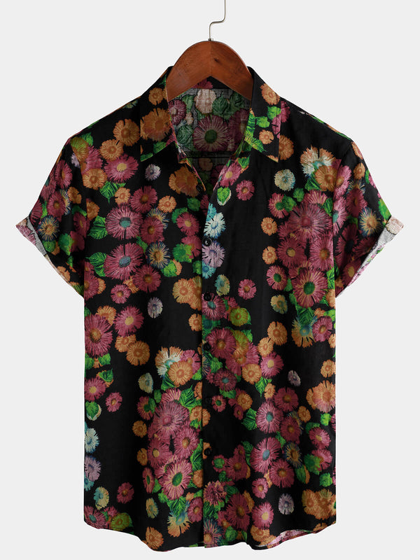 Men's Short Sleeve Shirt With Casual Retro Daisy Floral Pattern And Buttons