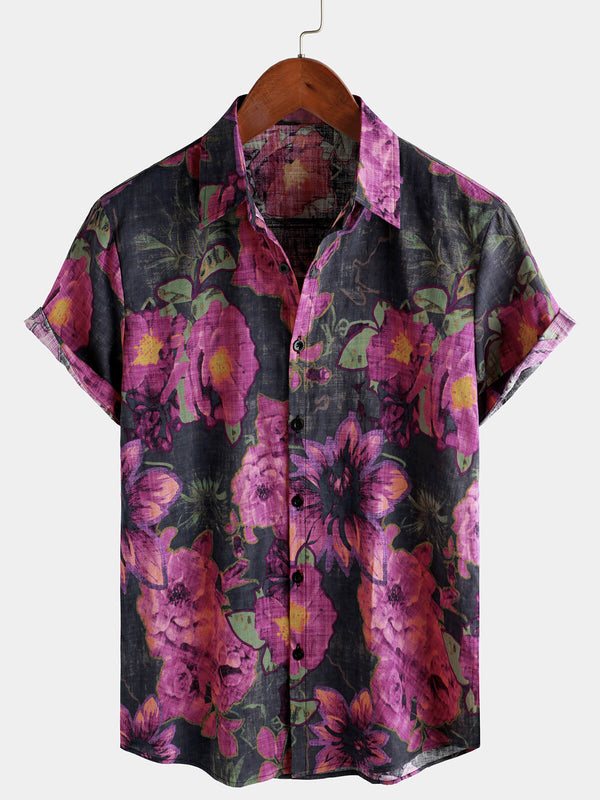 Men's Casual Short Sleeve Button-Up Shirt In Holiday Retro Style With Floral Pattern