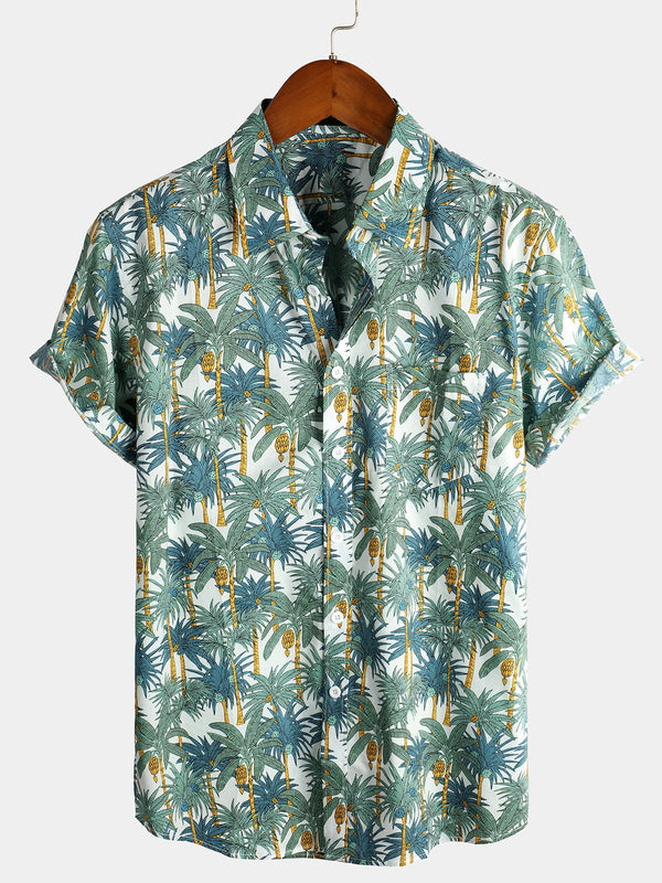 Men's Casual Short-Sleeved Cotton Shirt With Hawaiian Tropical Print