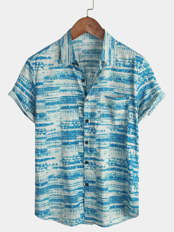 Blue Vintage Short-Sleeved Shirt For Men