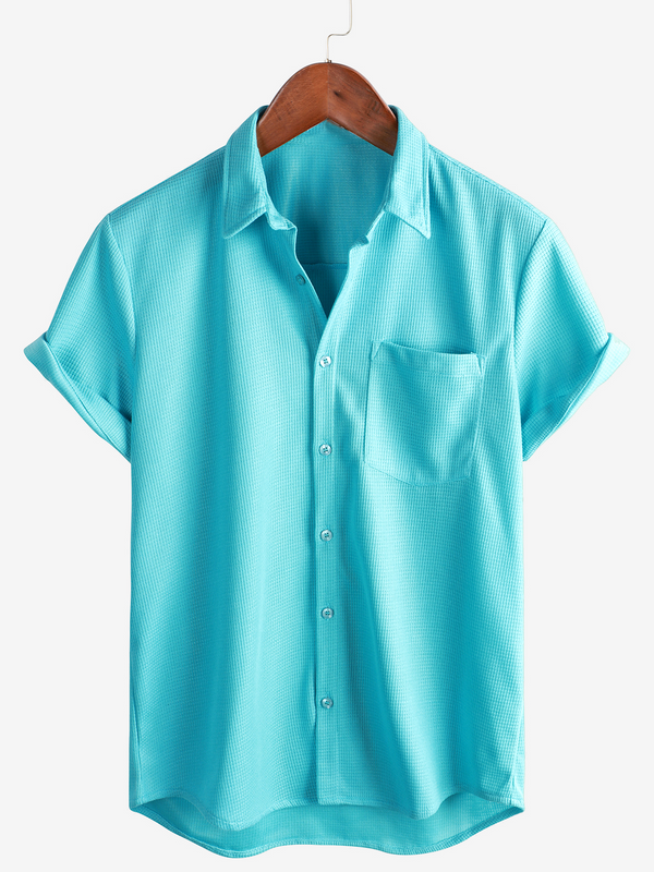 Men's Casual Short Sleeve Button Down Summer Beach Shirt With Loose Fit In Waffle Pattern