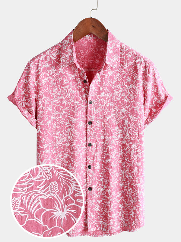 Men's Hawaiian Shirt, Cotton, Floral Print, Button-Down, Beach Pink, Short Sleeve
