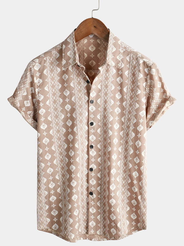 Men's Cotton Retro Button-Up 70S Brown Striped Vintage Short Sleeve Shirt
