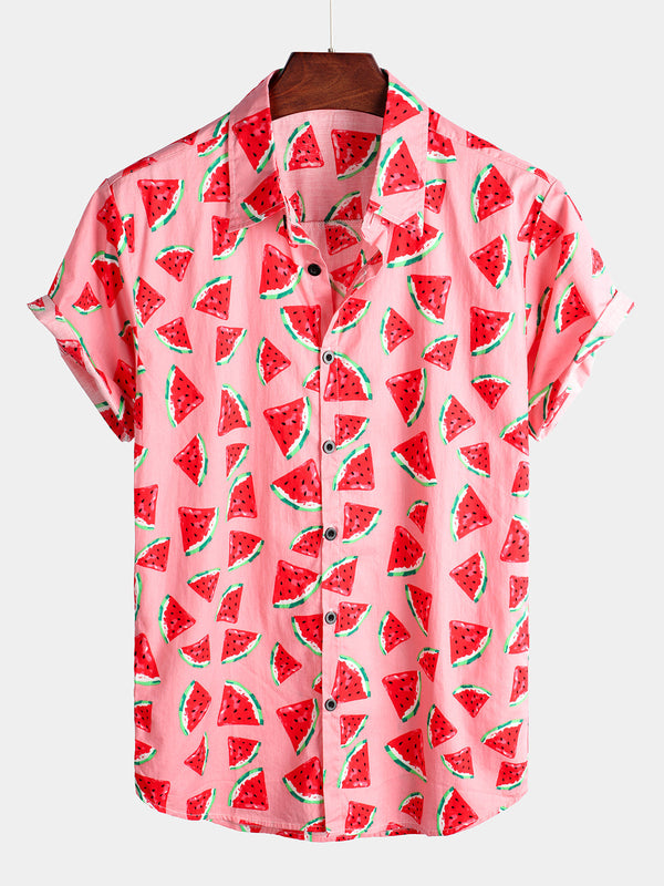 Men's Cotton Shirt With Watermelon Tropical Hawaiian Fruit Print