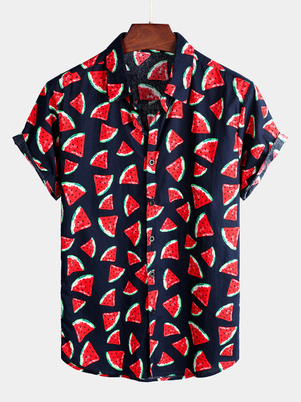 Navy Blue Men's Shirt With Watermelon Tropical Hawaiian Fruit Print Made Of Cotton