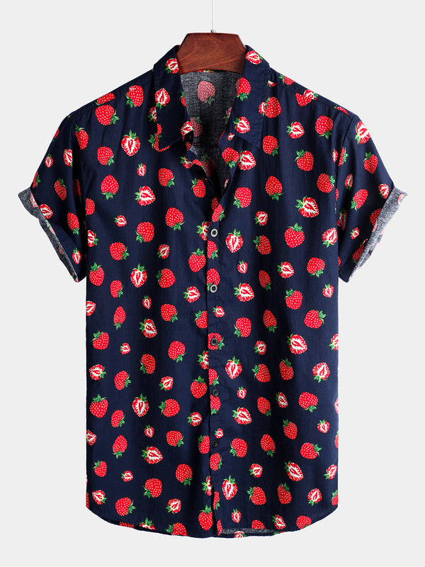 Men's Resort Cotton Short-Sleeved Hawaiian Shirt With Strawberry Print And Fruit Print And Collar