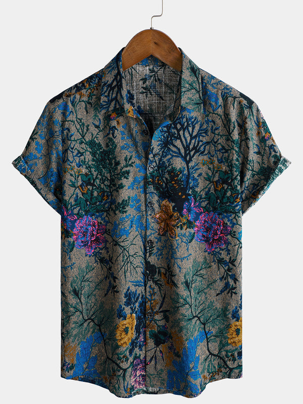Men's Breathable Short-Sleeved Shirt With Retro Floral Pattern
