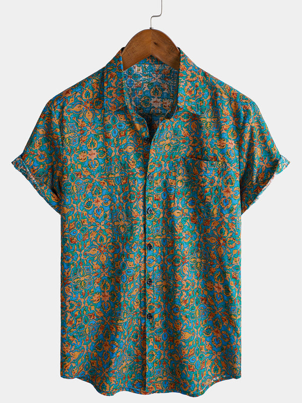 Abstract Stylish Retro Short Sleeve Button Down Shirt For Men
